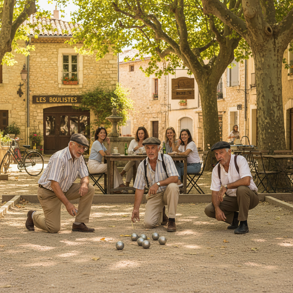Three men playing pétanque in a sunny stone village square with onlookers at a cafe.
